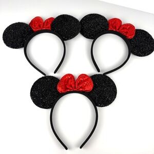 Mouse Ear Headbands Lot of 3 Black Red Sequin Bow Sparkly OSFM Party Vacation‎
